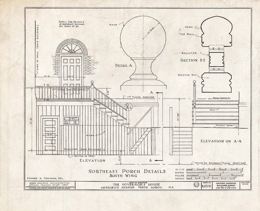 Blueprint Northeast Porch Details, South Wing - Governor's House, 149 Kearny Avenue, Perth Amboy, Middlesex County, NJ