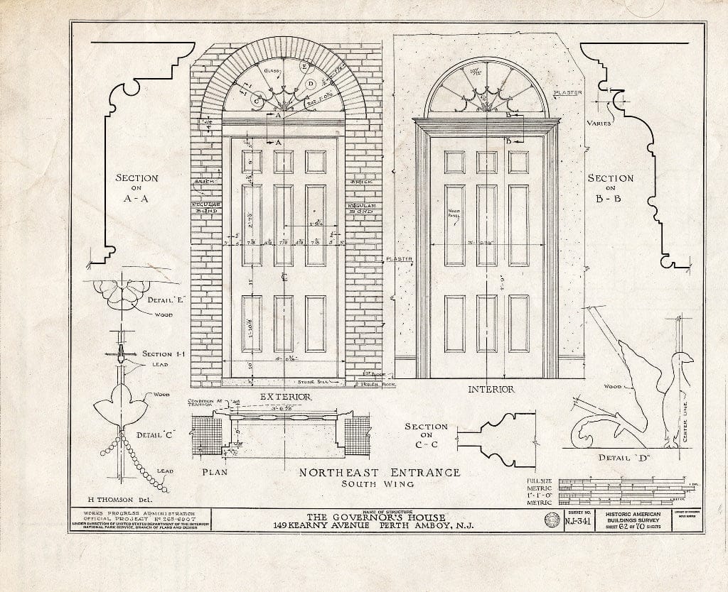 Blueprint Northeast Entrance, South Wing - Governor's House, 149 Kearny Avenue, Perth Amboy, Middlesex County, NJ