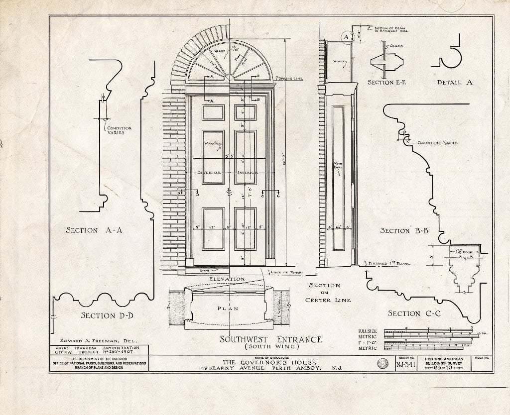 Blueprint Southwest Entrance (South Wing) - Governor's House, 149 Kearny Avenue, Perth Amboy, Middlesex County, NJ