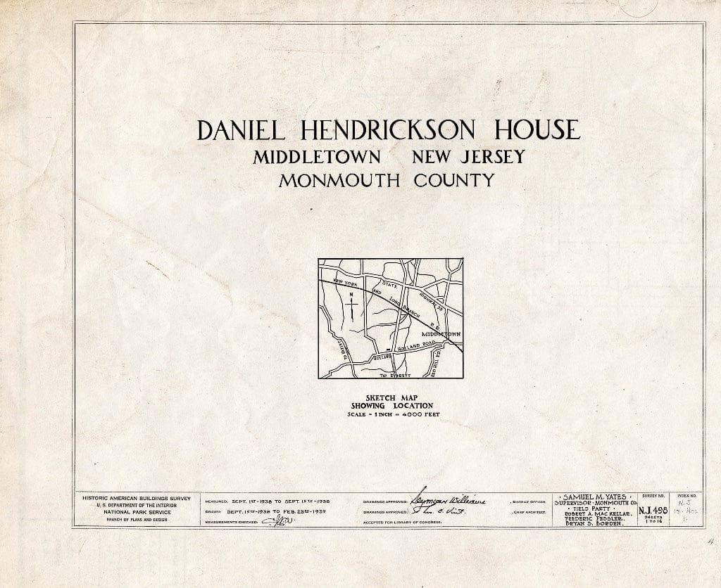 Blueprint HABS NJ,13-HOL,1- (Sheet 0 of 16) - Daniel Hendrickson House, Holland Road, Middletown, Monmouth County, NJ