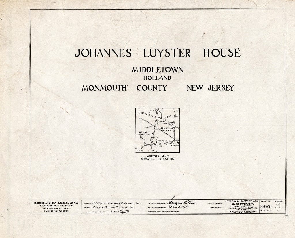 Blueprint HABS NJ,13-HOL,2- (Sheet 0 of 14) - Johannes Luyster House, Laurel Avenue & Middleton Road, Holland, Monmouth County, NJ