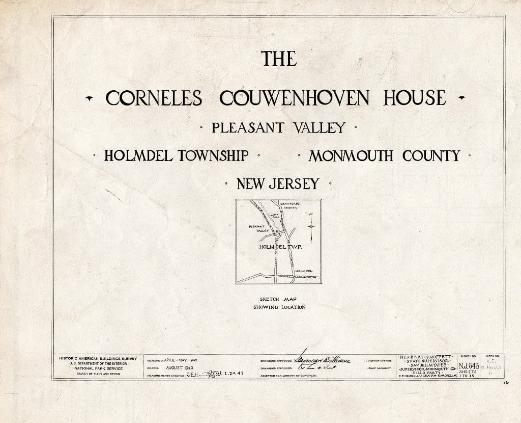 Blueprint HABS NJ,13-Holm.V,1- (Sheet 0 of 15) - Corneles Couwenhoven House, Holmdel, Monmouth County, NJ