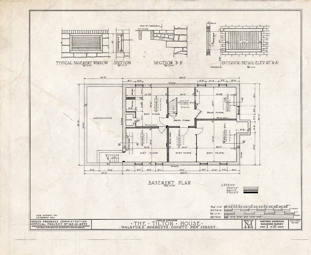 Blueprint HABS NJ,13-WALF.V,1- (Sheet 1 of 33) - Tilton House, Walnford, Monmouth County, NJ