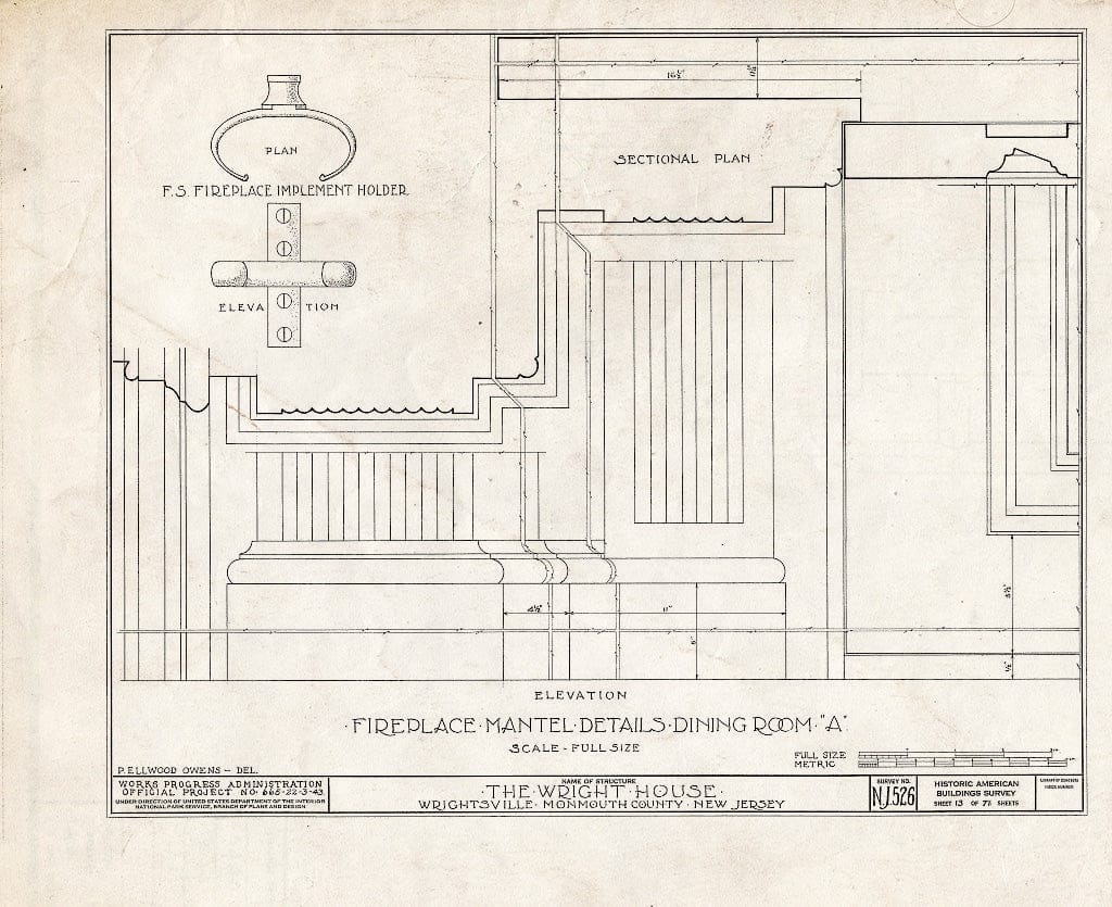 Blueprint HABS NJ,13-Writ,1- (Sheet 13 of 71) - Wright House, Old Shrewsbury Road, Wrightsville, Monmouth County, NJ