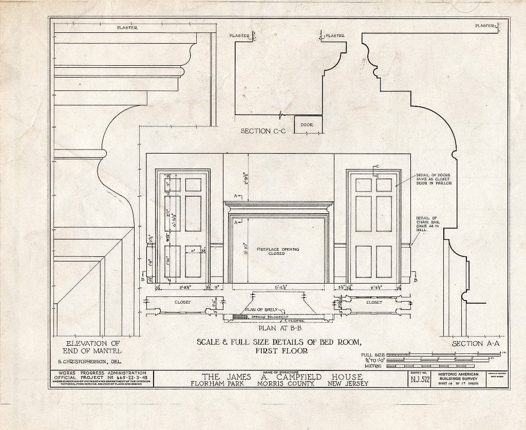 Blueprint HABS NJ,14-FLORP,1- (Sheet 15 of 17) - James A. Campfield House, Florham Park, Morris County, NJ
