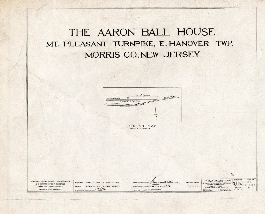 Blueprint HABS NJ,14-HANO,3- (Sheet 0 of 15) - Aaron Ball House, Mount Pleasant Turnpike, Hanover, Morris County, NJ