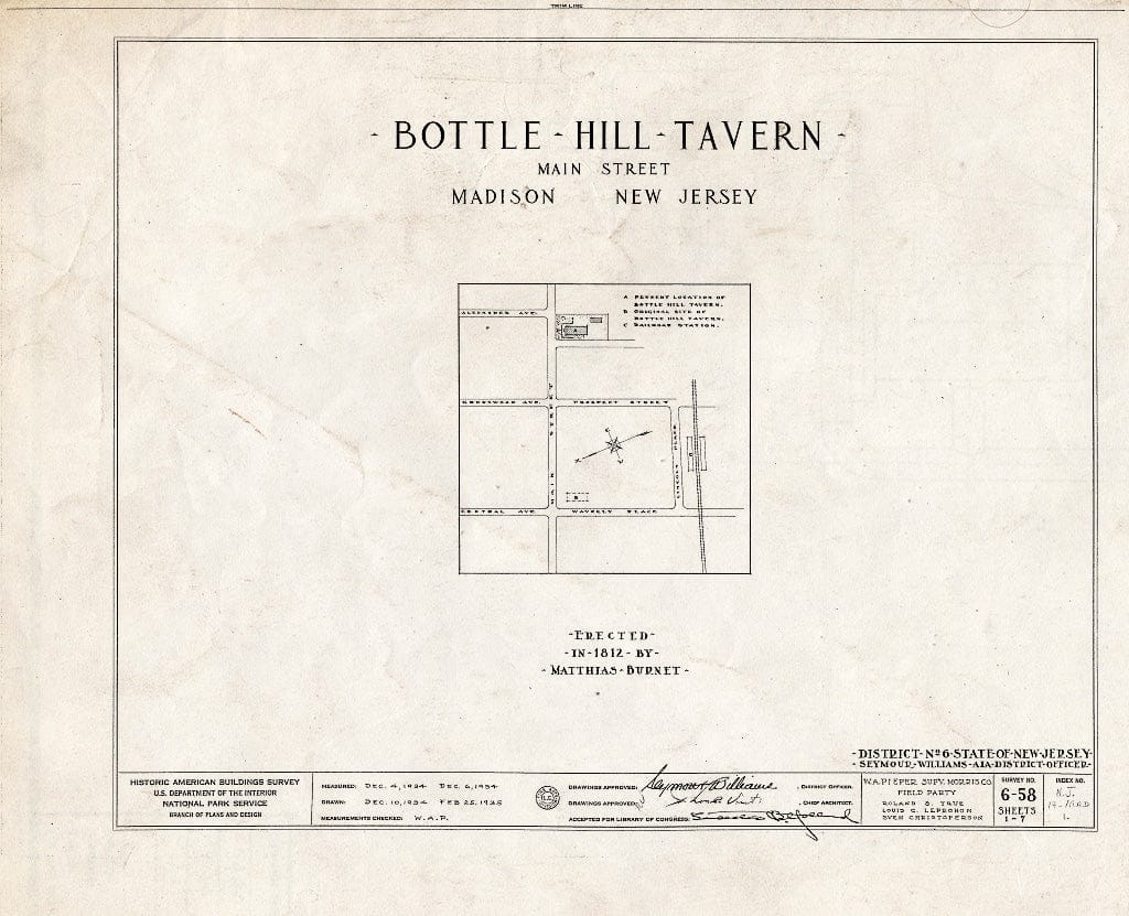 Blueprint HABS NJ,14-MAD,1- (Sheet 0 of 7) - Bottle Hill Tavern, 127 Main Street & Alexander Avenue, Madison, Morris County, NJ