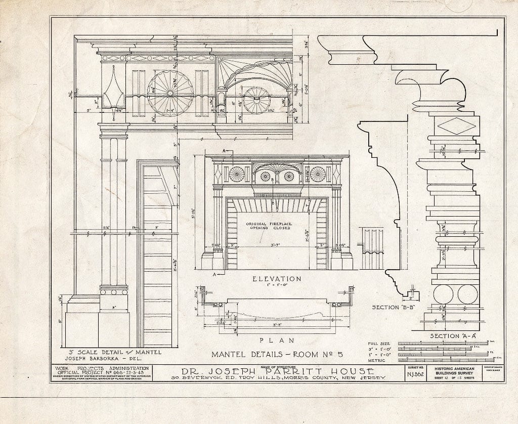 Blueprint HABS NJ,14-TROHI,1- (Sheet 12 of 15) - Dr. Joseph Parritt House, South Beverwyck Road, Troy Hills, Morris County, NJ