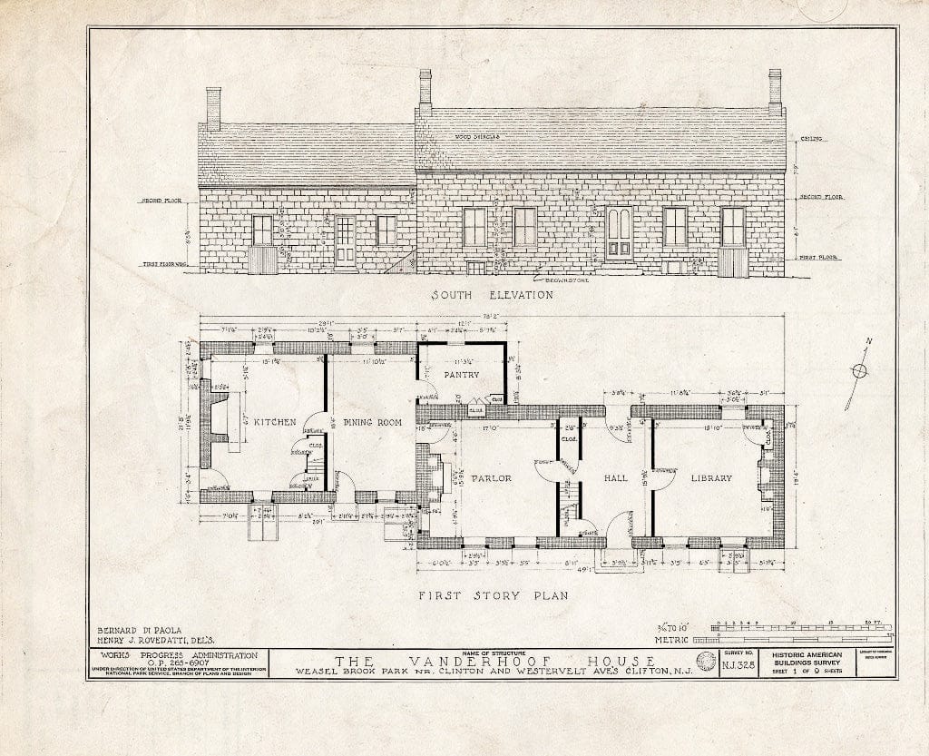 Blueprint HABS NJ,16-Clif,2- (Sheet 1 of 9) - Vanderhoof House, Weasel Brook Park, Clifton, Passaic County, NJ