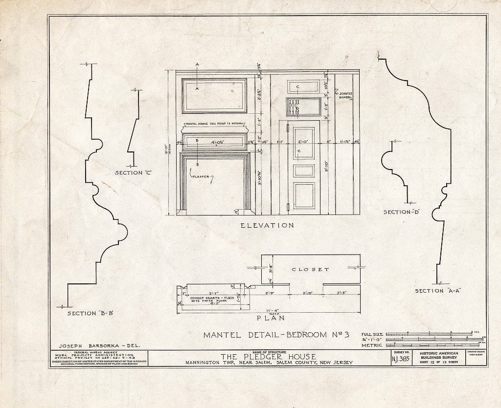 Blueprint HABS NJ,17-MANT.V,2- (Sheet 12 of 13) - Pledger House, Salem, Salem County, NJ