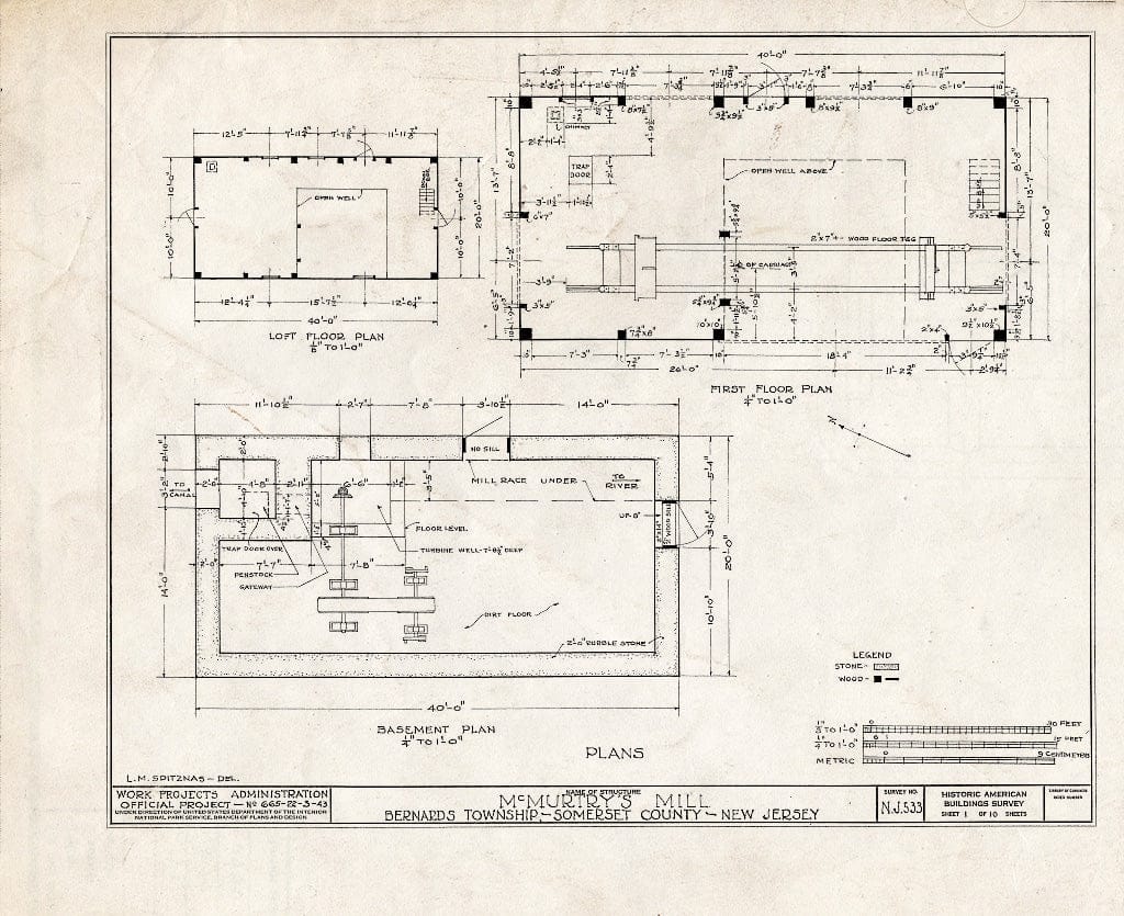 Blueprint HABS NJ,18-,2- (Sheet 1 of 10) - McMurtry's Saw Mill, Hardscrabble Road, Basking Ridge, Somerset County, NJ