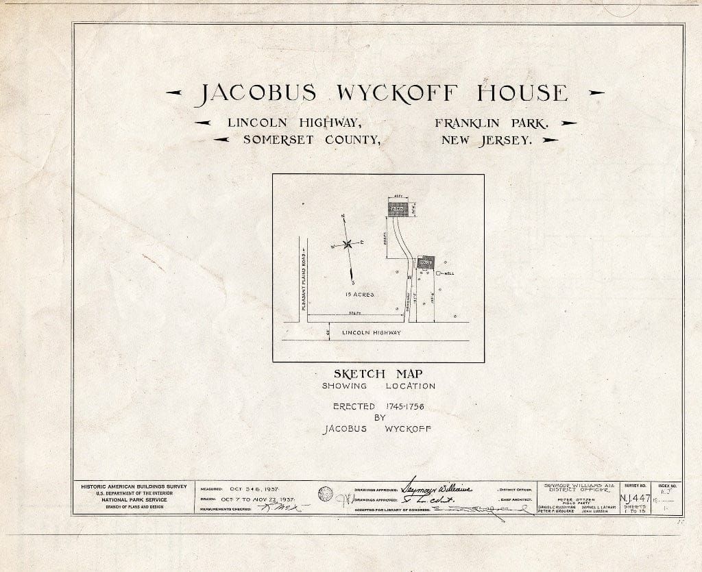 Blueprint HABS NJ,18-,1- (Sheet 0 of 13) - Jacobus Wyckoff House, Lincoln Highway (Countyline Road), Somerset, Somerset County, NJ