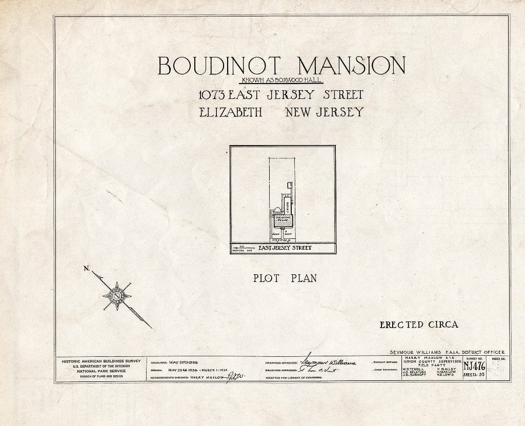 Blueprint HABS NJ,20-ELI,11- (Sheet 0 of 35) - Boudinot Mansion, 1073 East Jersey Avenue, Elizabeth, Union County, NJ