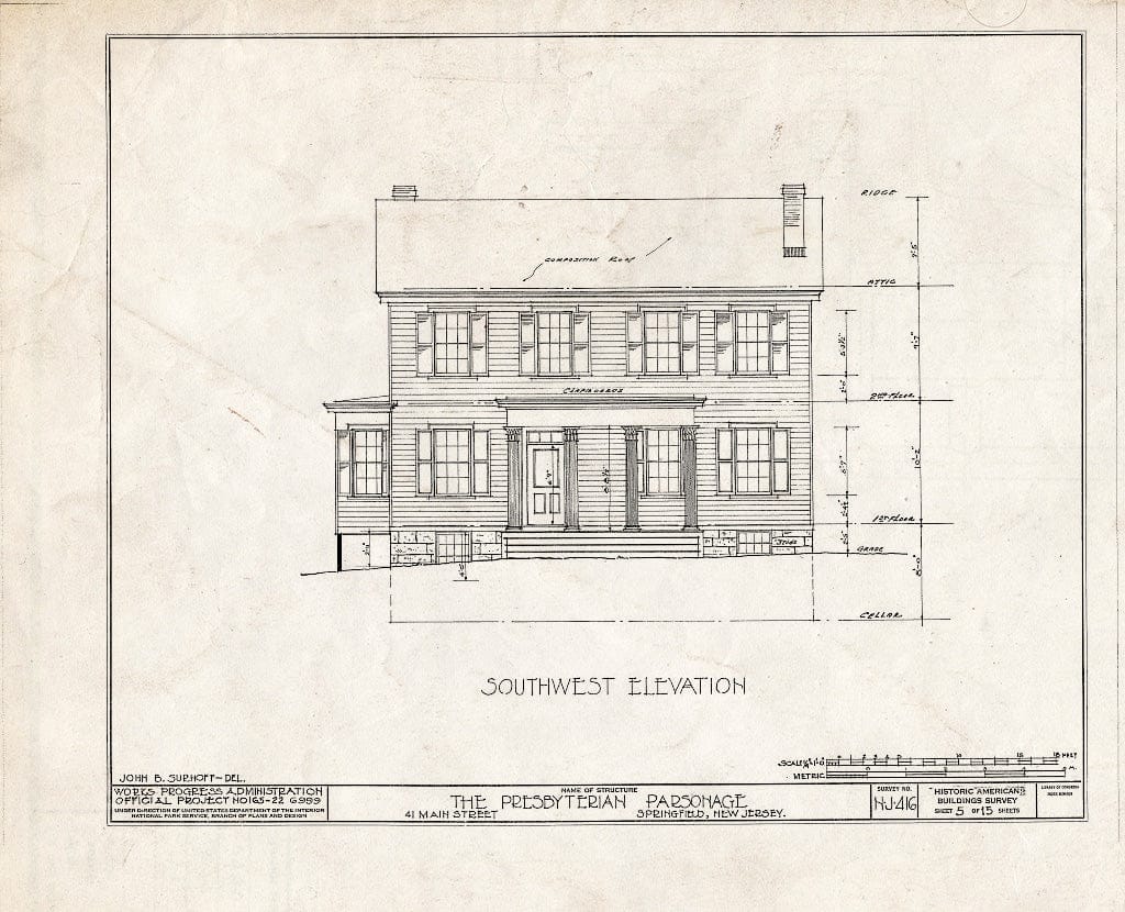 Blueprint HABS NJ,20-SPRIF,5- (Sheet 5 of 15) - First Presbyterian Church, Parsonage, 41 Main Street, Springfield, Union County, NJ