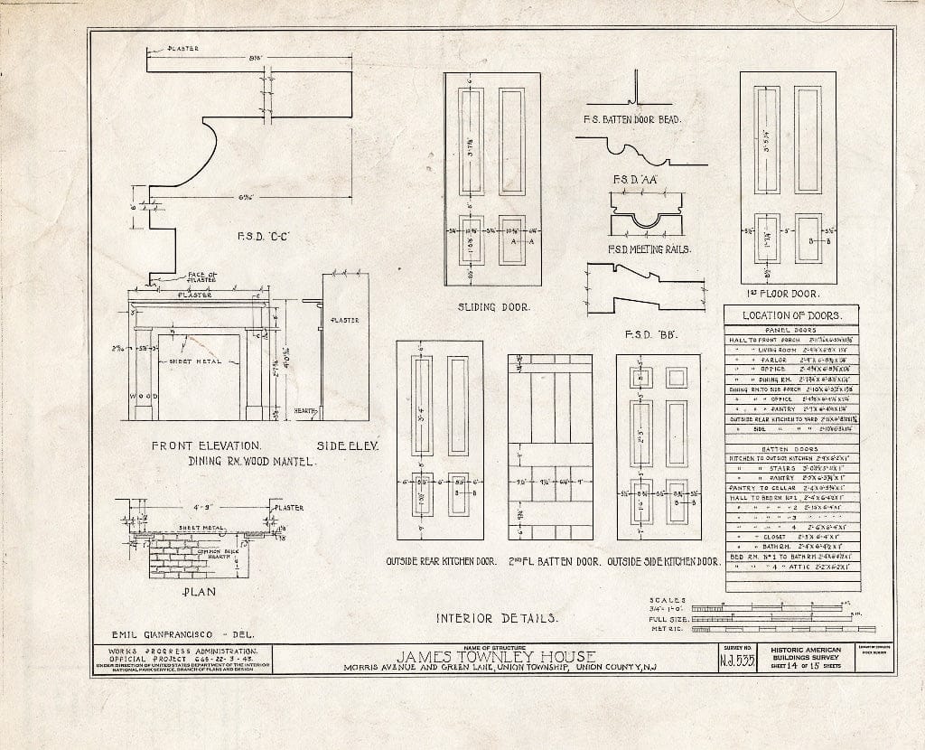Blueprint HABS NJ,20-UNI,4- (Sheet 14 of 15) - James Townley House, Morris Avenue & Green Lane, Union, Union County, NJ