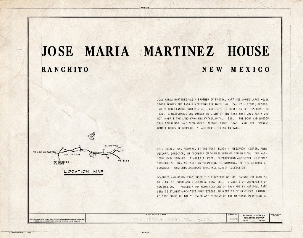 Blueprint HABS NM,28-RANCHI,3- (Sheet 0 of 8) - Jose Maria Martinez House, Ranchito, Taos County, NM