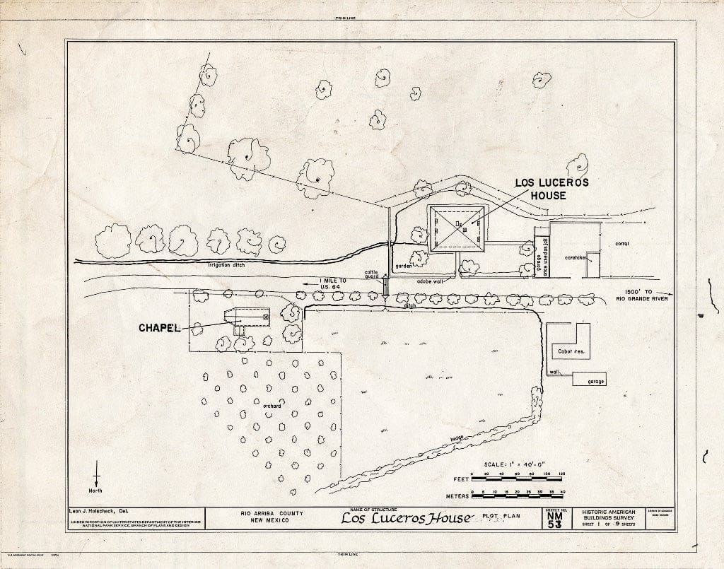 Blueprint HABS NM,20-LOLUC,1- (Sheet 1 of 9) - Los Luceros House, Between U.S. Route 64; Rio Grande River; Los Luceros, Alcalde, Rio Arriba County, NM
