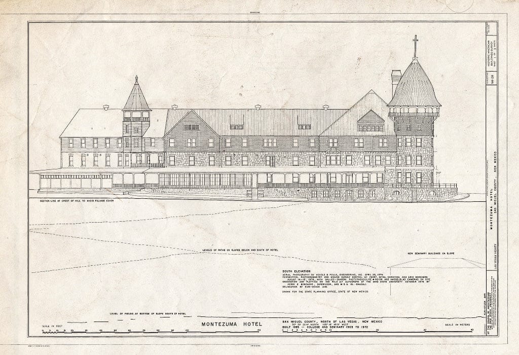 Blueprint South Elevation - Montezuma Hotel, Gallinas Canyon, Las Vegas, San Miguel County, NM