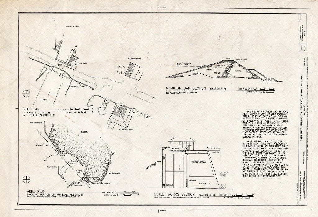 Blueprint HAER NM,8-Carl.V,1A- (Sheet 1 of 1) - Carlsbad Irrigation District, Mcmillan Dam, On Pecos River, 13 Miles North of Carlsbad, Carlsbad, Eddy County, NM