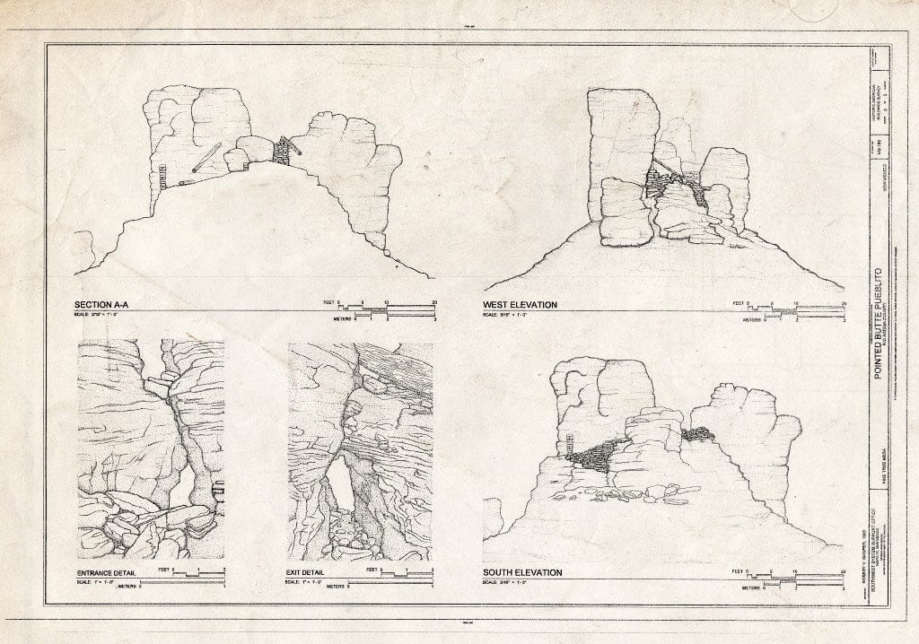 Blueprint South and west elevations, Section, and Entrance and exit Details - Pointed Butte Pueblito, Cibola Canyon, Dulce, Rio Arriba County, NM