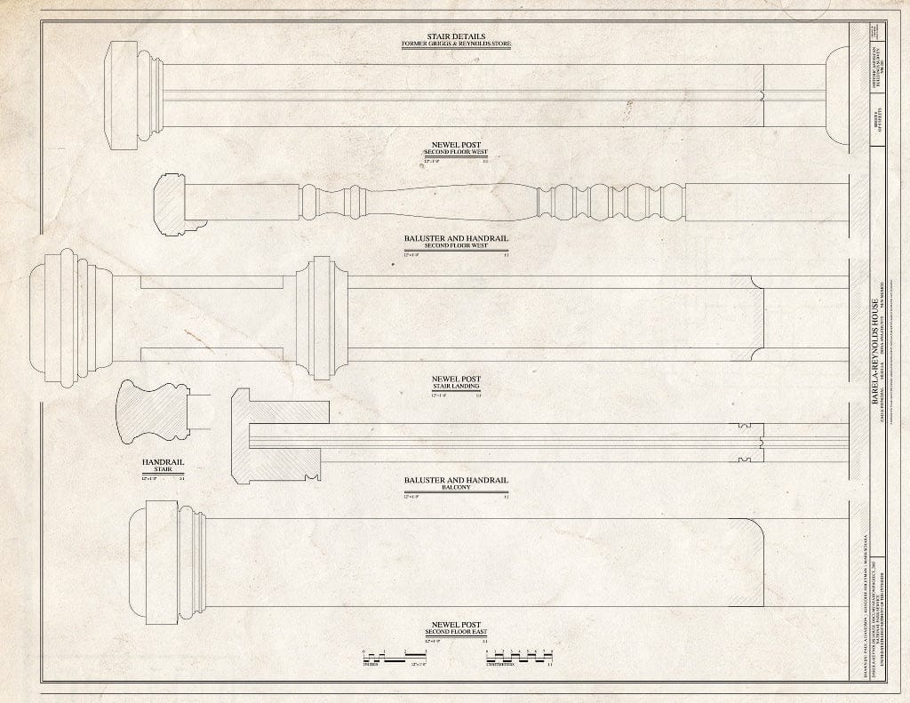 Blueprint Stair Details, Former Griggs & Reynolds Store - Newel Post, Baluster & handrail - Barela-Reynolds House, Calle Principal, Mesilla, Dona Ana County, NM