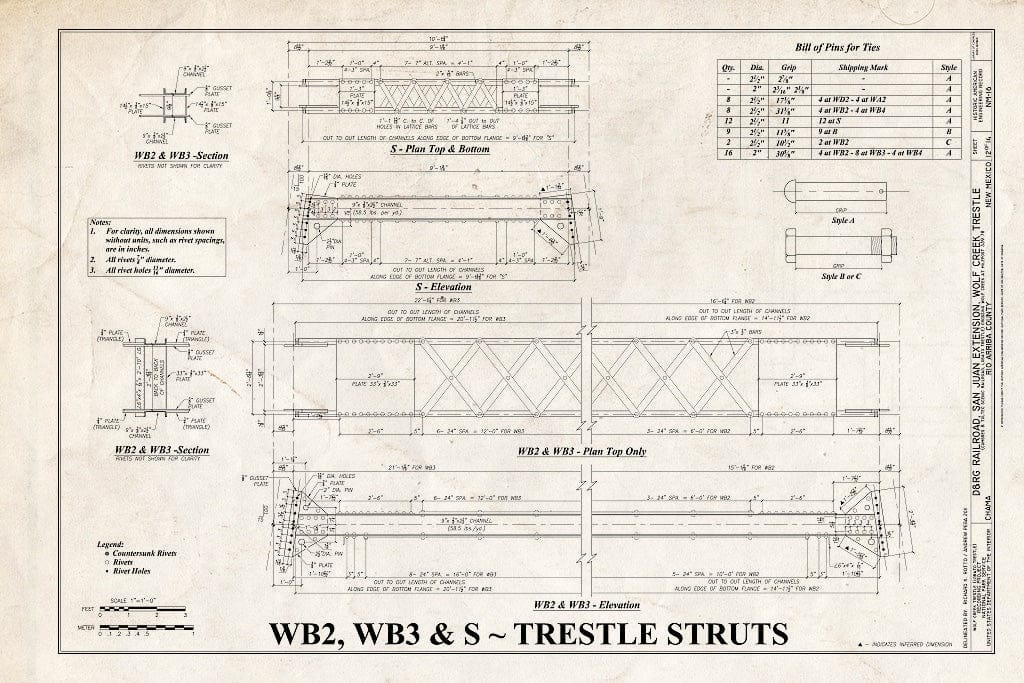 Blueprint WB2, WB3 & S Trestle Struts - Denver & Rio Grande Railroad, San Juan Extension, Wolf Creek Trestle, Crossing Wolf Creek at Milepost 339.78, Chama, Rio Arriba County, NM