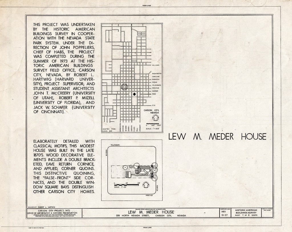 Blueprint HABS NEV,13-CARCI,21- (Sheet 1 of 5) - Lew M. Meder House, 308 North Nevada Street, Carson City, Carson City, NV