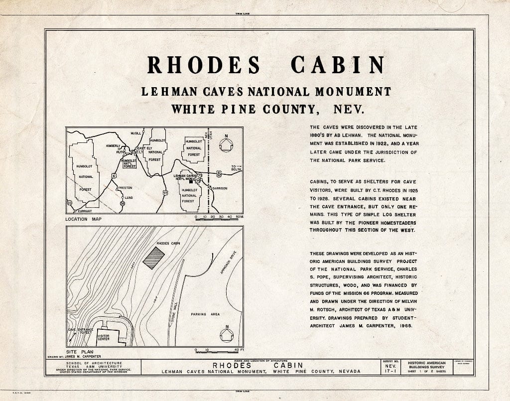 Blueprint HABS NEV,17-,1- (Sheet 1 of 2) - Rhodes Cabin, Lehman Caves National Monument Entrance Vicinity, Baker, White Pine County, NV
