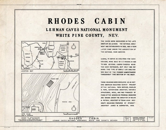 Blueprint HABS NEV,17-,1- (Sheet 1 of 2) - Rhodes Cabin, Lehman Caves National Monument Entrance Vicinity, Baker, White Pine County, NV