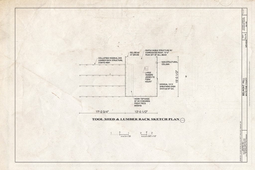 Blueprint Tool Shed & Lumber Rack Sketch Plan - Belmont Mill, Approximately 7 Miles South of U.S. Route 50 on USDA Forest Service Road No. 623, Ely, White Pine County, NV