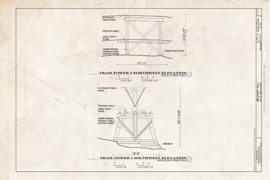 Blueprint Tram Tower 1 & 2 Elevations - Belmont Mill, Approximately 7 Miles South of U.S. Route 50 on USDA Forest Service Road No. 623, Ely, White Pine County, NV