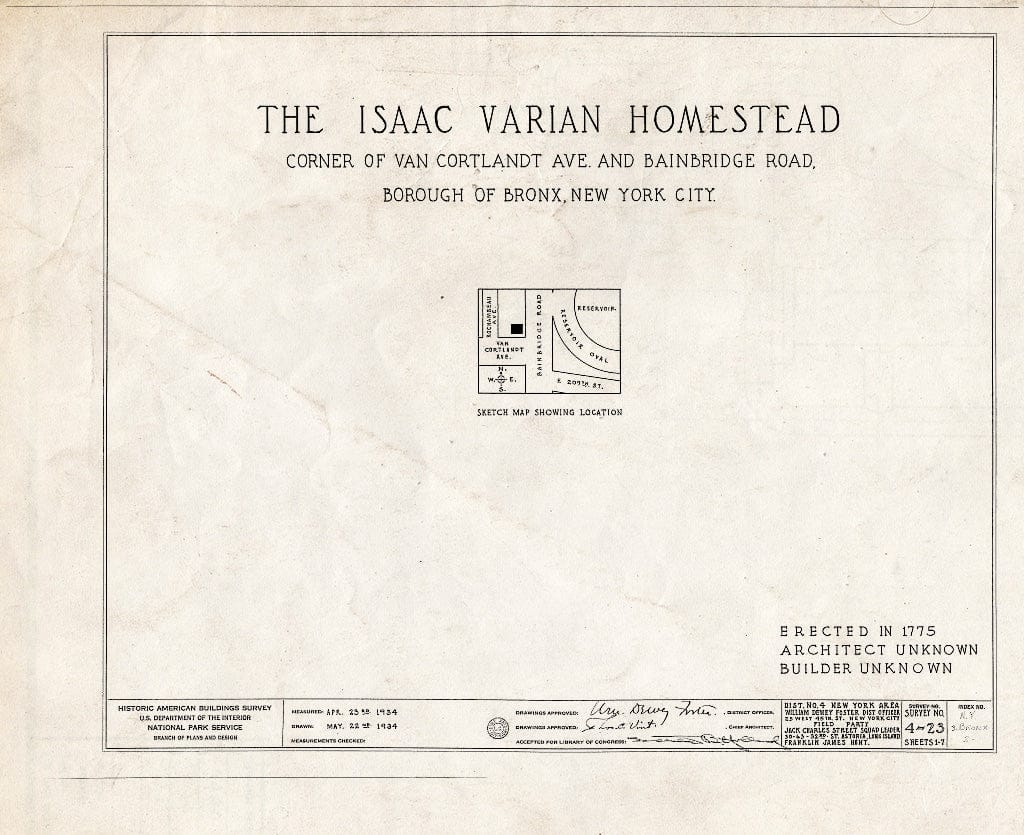 Blueprint HABS NY,3-Bronx,2- (Sheet 0 of 7) - Isaac Varian House, 277 Van Cortlandt Avenue, Bronx, Bronx County, NY