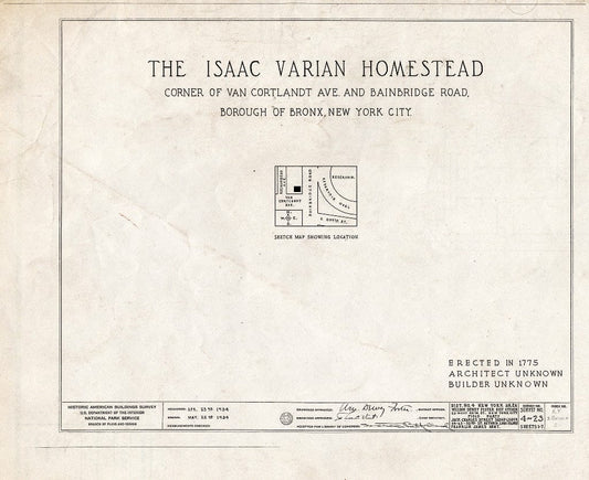 Blueprint HABS NY,3-Bronx,2- (Sheet 0 of 7) - Isaac Varian House, 277 Van Cortlandt Avenue, Bronx, Bronx County, NY