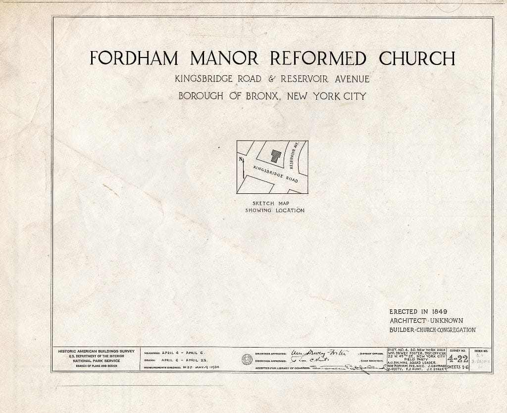 Blueprint HABS NY,3-Bronx,1- (Sheet 0 of 6) - Fordham Manor Reformed Church, 71 Kingsbridge Road & Reservoir Avenue, Bronx, Bronx County, NY