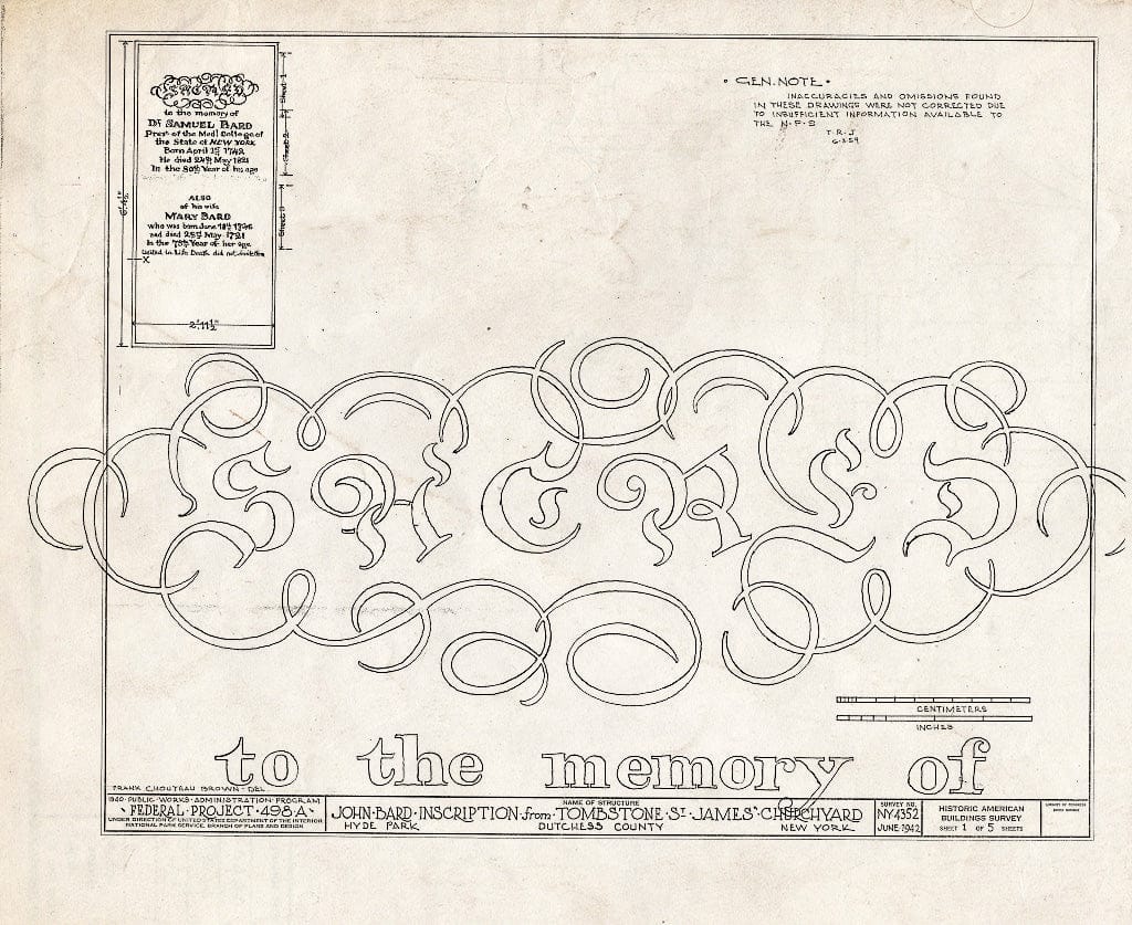 Blueprint HABS NY,14-HYP,6- (Sheet 1 of 5) - Tombstone of Bard Family, Saint James' Churchyard, Albany Post Road, Hyde Park, Dutchess County, NY
