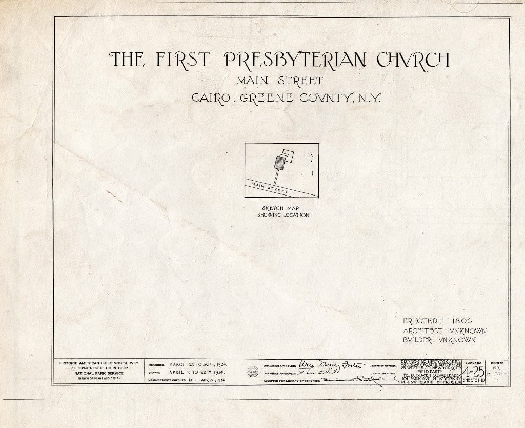 Blueprint HABS NY,20-Caro,1- (Sheet 0 of 10) - First Presbyterian Church, Main Street, Cairo, Greene County, NY