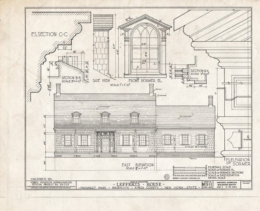 Blueprint HABS NY,24-Brok,2- (Sheet 1 of 14) - Lefferts House, Prospect Park (Moved from 563 Flatbush Avenue), Brooklyn, Kings County, NY
