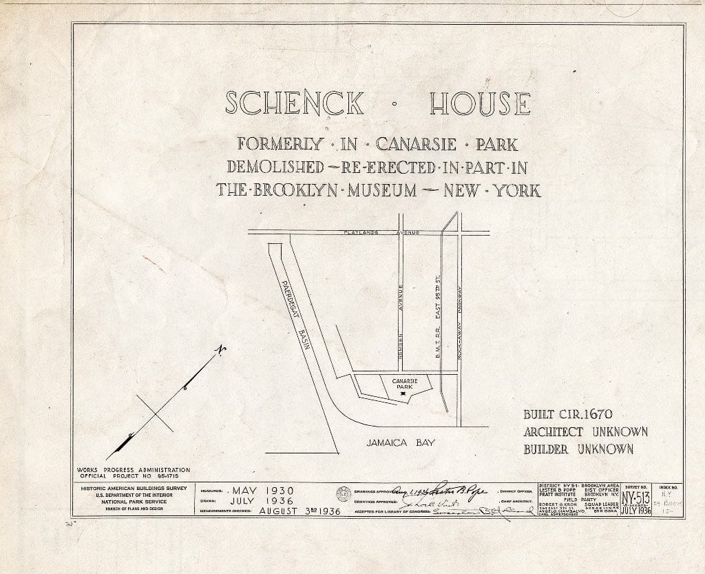 Blueprint HABS NY,24-Brok,18- (Sheet 0 of 8) - Schenck House, Canarsie Park (Fragments in Brooklyn Museum), Brooklyn, Kings County, NY