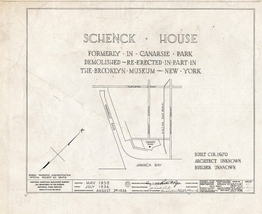 Blueprint HABS NY,24-Brok,18- (Sheet 0 of 8) - Schenck House, Canarsie Park (Fragments in Brooklyn Museum), Brooklyn, Kings County, NY