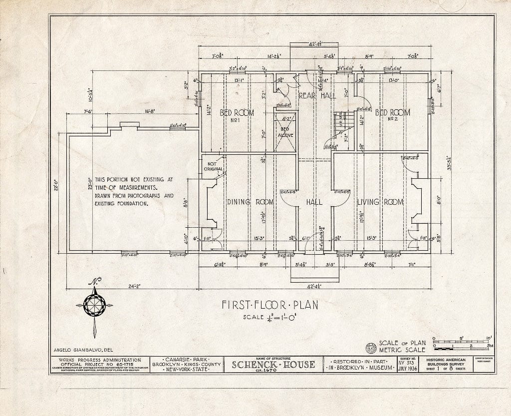 Blueprint HABS NY,24-Brok,18- (Sheet 1 of 8) - Schenck House, Canarsie Park (Fragments in Brooklyn Museum), Brooklyn, Kings County, NY