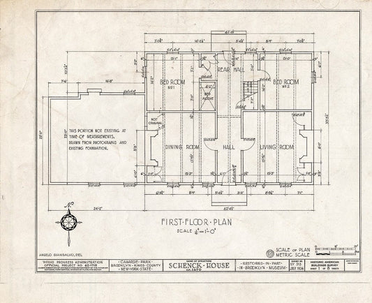 Blueprint HABS NY,24-Brok,18- (Sheet 1 of 8) - Schenck House, Canarsie Park (Fragments in Brooklyn Museum), Brooklyn, Kings County, NY