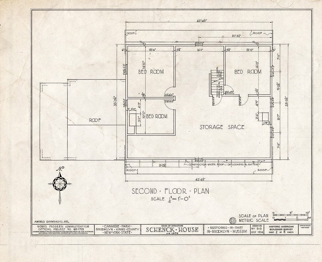 Blueprint HABS NY,24-Brok,18- (Sheet 2 of 8) - Schenck House, Canarsie Park (Fragments in Brooklyn Museum), Brooklyn, Kings County, NY
