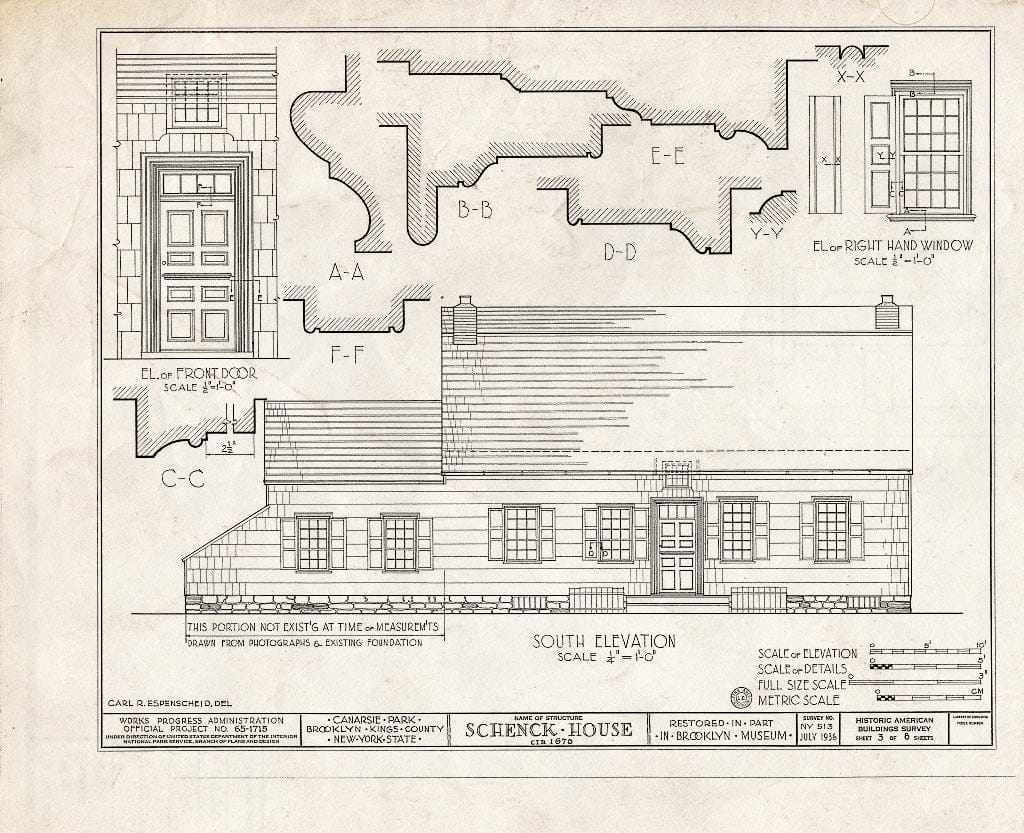 Blueprint HABS NY,24-Brok,18- (Sheet 3 of 8) - Schenck House, Canarsie Park (Fragments in Brooklyn Museum), Brooklyn, Kings County, NY