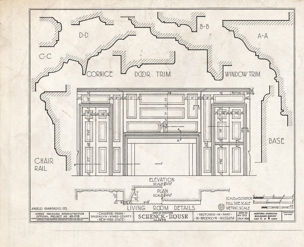 Blueprint HABS NY,24-Brok,18- (Sheet 6 of 8) - Schenck House, Canarsie Park (Fragments in Brooklyn Museum), Brooklyn, Kings County, NY