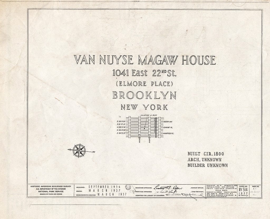 Blueprint HABS NY,24-Brok,36- (Sheet 0 of 15) - Van Nuyse-Magaw House, 1041 East Twenty-Second Street, Brooklyn, Kings County, NY
