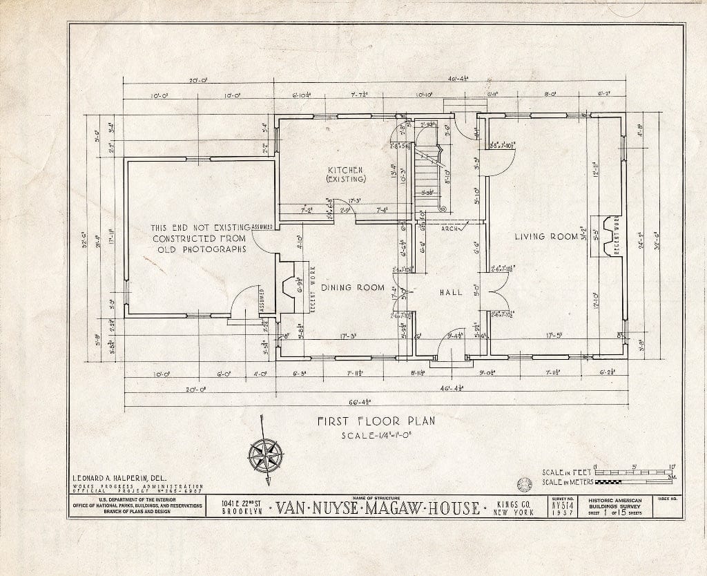 Blueprint HABS NY,24-Brok,36- (Sheet 1 of 15) - Van Nuyse-Magaw House, 1041 East Twenty-Second Street, Brooklyn, Kings County, NY