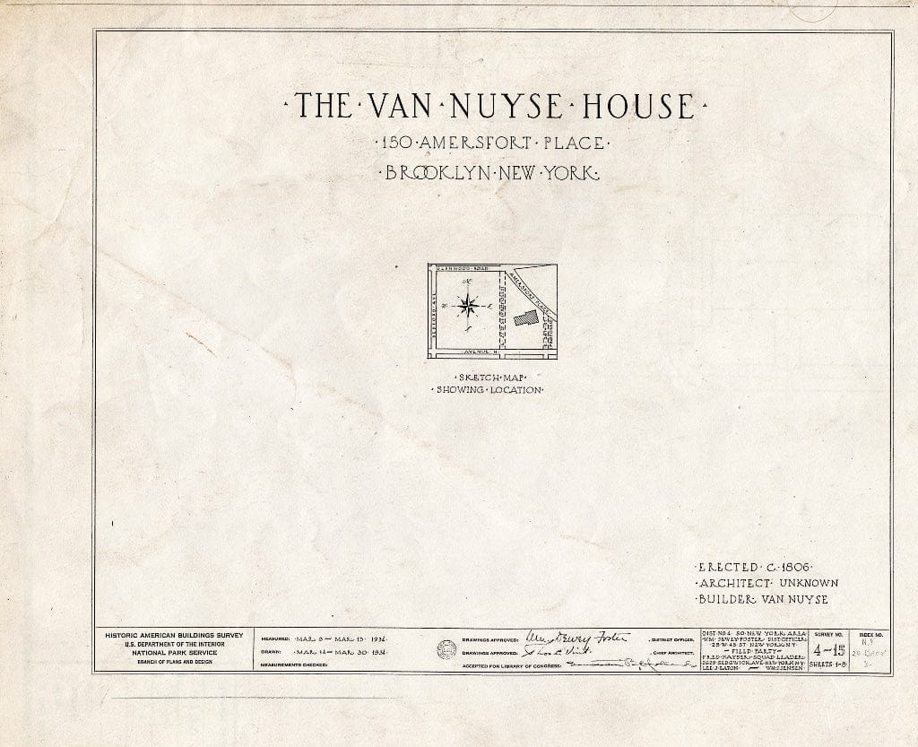 Blueprint HABS NY,24-Brok,3- (Sheet 0 of 8) - Johannes Van Nuyse House, 150 Amersfort Place, Brooklyn, Kings County, NY