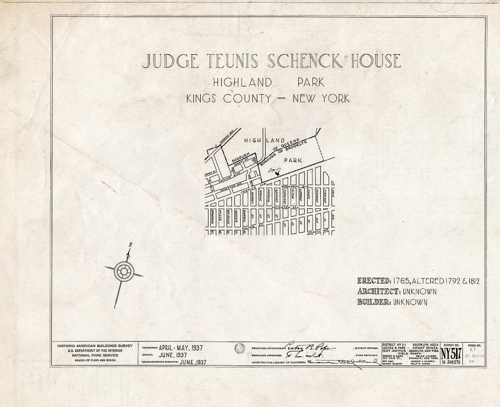 Blueprint HABS NY,24-Brok,38- (Sheet 0 of 15) - Judge Teunis Schenck House, Highland Park, Jamaica Avenue, Brooklyn, Kings County, NY