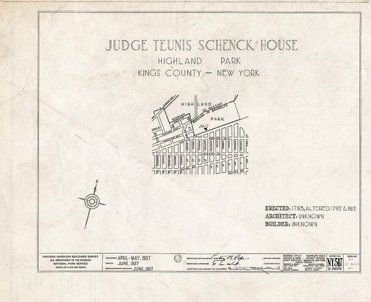 Blueprint HABS NY,24-Brok,38- (Sheet 0 of 15) - Judge Teunis Schenck House, Highland Park, Jamaica Avenue, Brooklyn, Kings County, NY