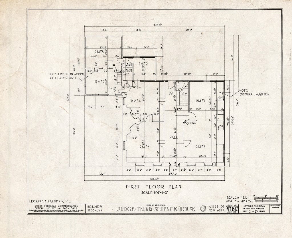 Blueprint HABS NY,24-Brok,38- (Sheet 1 of 15) - Judge Teunis Schenck House, Highland Park, Jamaica Avenue, Brooklyn, Kings County, NY